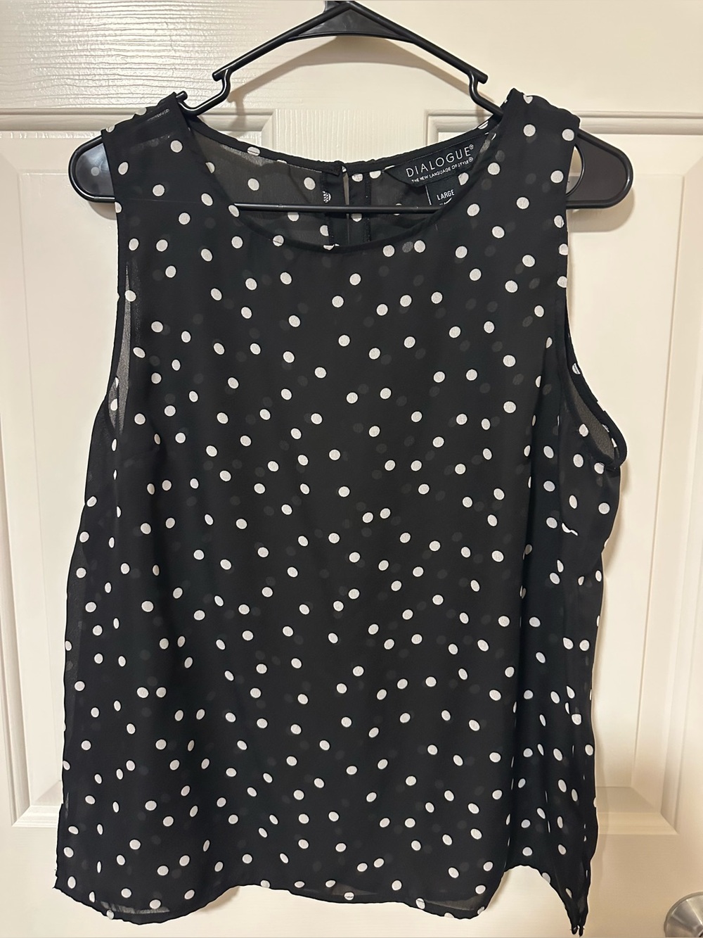 Dialogue Womens Black White Polka Dot Sheer Sleeveless Tank L Large